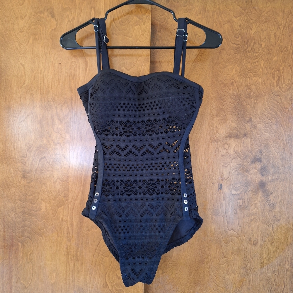 Black Crochet One-Piece Swimsuit - Picture 3 of 6